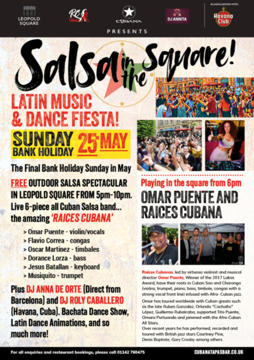 Poster about Salsa in the Square at Leopold Square on Sunday 25th May