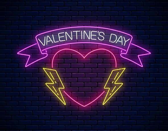 Glowing neon valentines day sign with heart shape with award ribbon and lightnings on dark brick wall background.