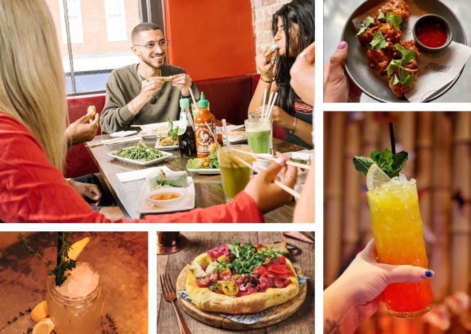 A group of people enjoying food in a restaurant and pictures of vegan food and mocktails on offer at the tenants of Leopold Square in Sheffield