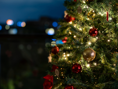Christmas tree outside with lights and decorations
