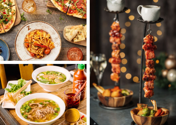 pasta dish from the restaurant Zizzi, two bowls of ramen from Pho, and hanging kebabs from The Botanist